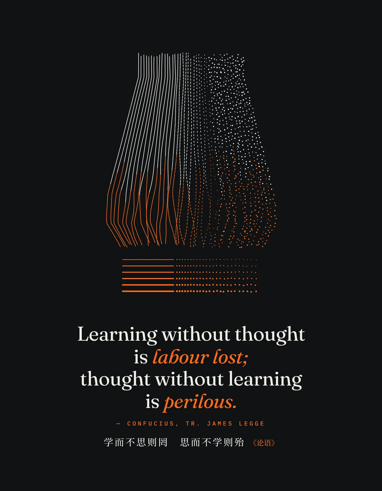 Poster: continuous streamlines that break into discrete data points, with Confucius on learning and thought
