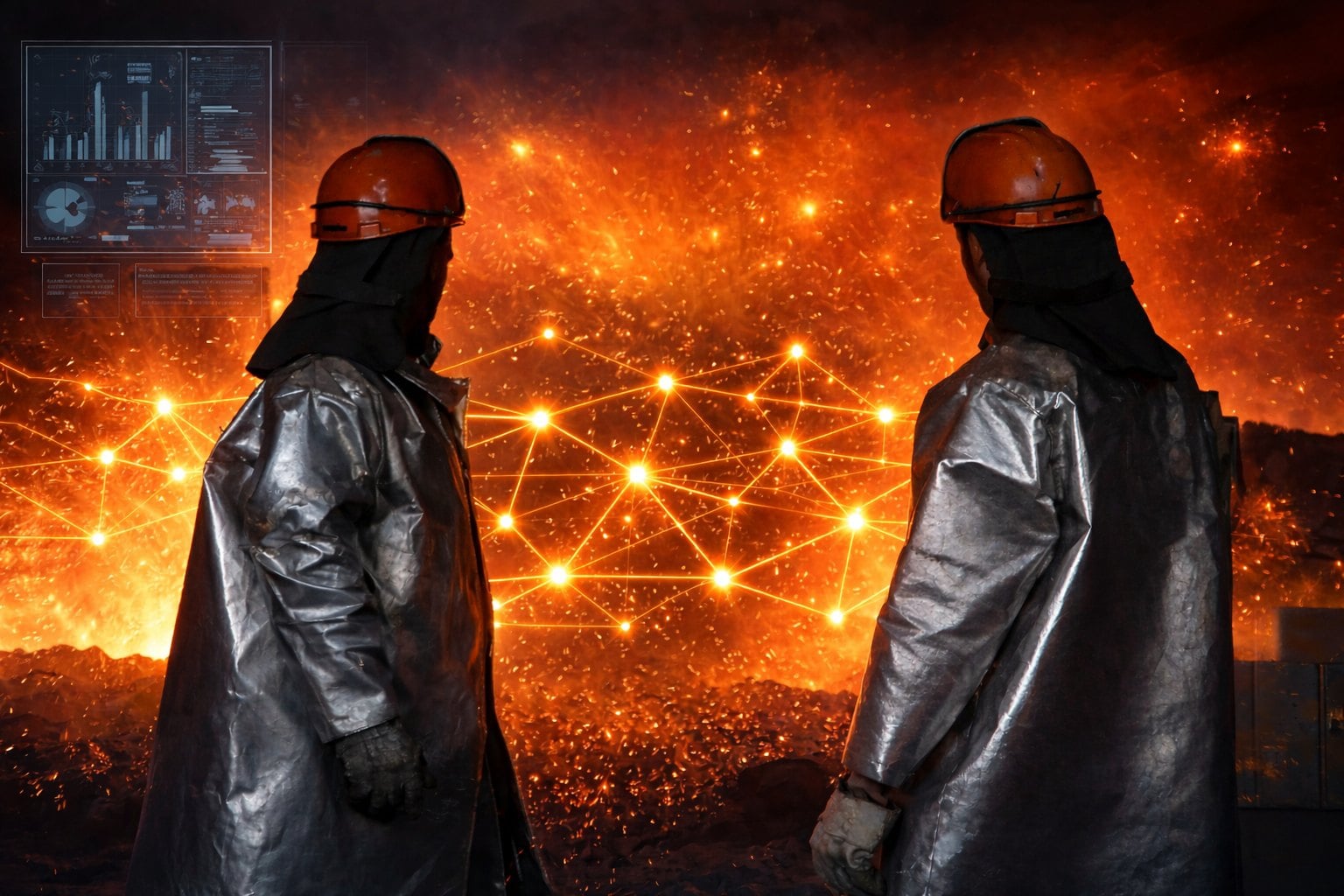 Engineers beside molten iron